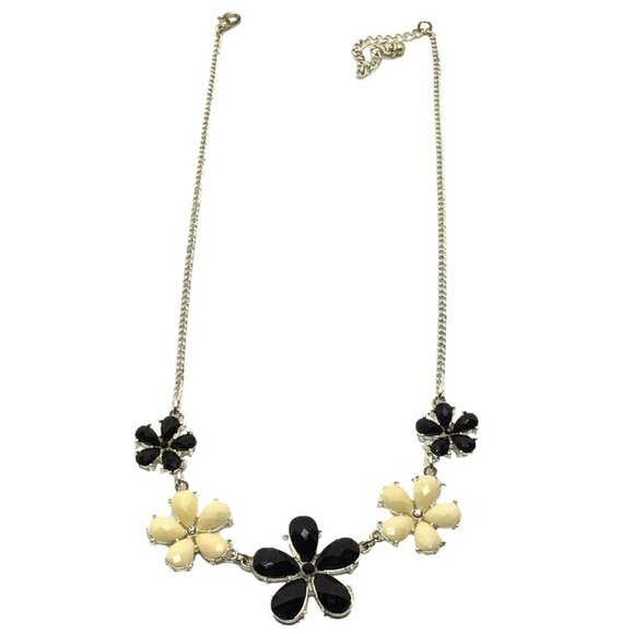 Flower Statement Necklace Silver Tone Black Cream Adjustable Length Rhinestone C - Picture 4 of 5